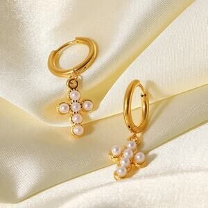 Pearl Cross Dangle Hoop Earrings 18K Gold Plated‎ Stainless Steel